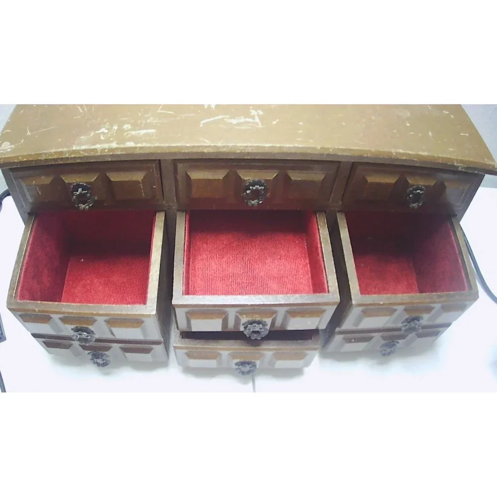Apco 7 Drawer Dresser Style Jewelry Music Box Vintage Red Velvet Lined Drawers